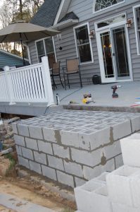 Cinder block construction of outdoor fireplace